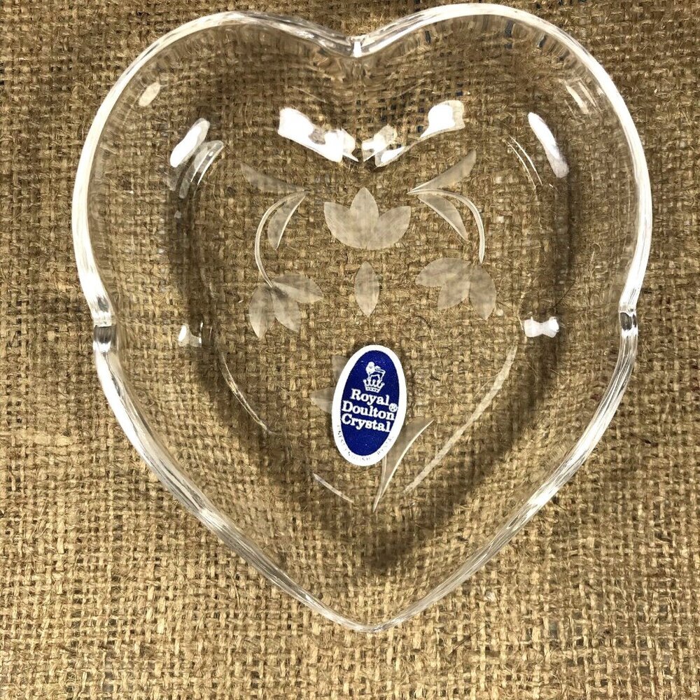 Royal Doulton Crystal Heart Trinket Dishes Etched Floral Dishes Set of 2